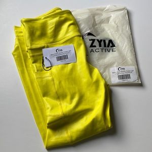 NWT ZYIA Active Neon Yellow Metallic Light N Tight High Rise Pocket Legging 7/8